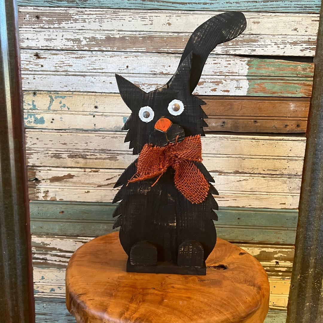 Primitive Black Wood Small Cat with Orange Bow