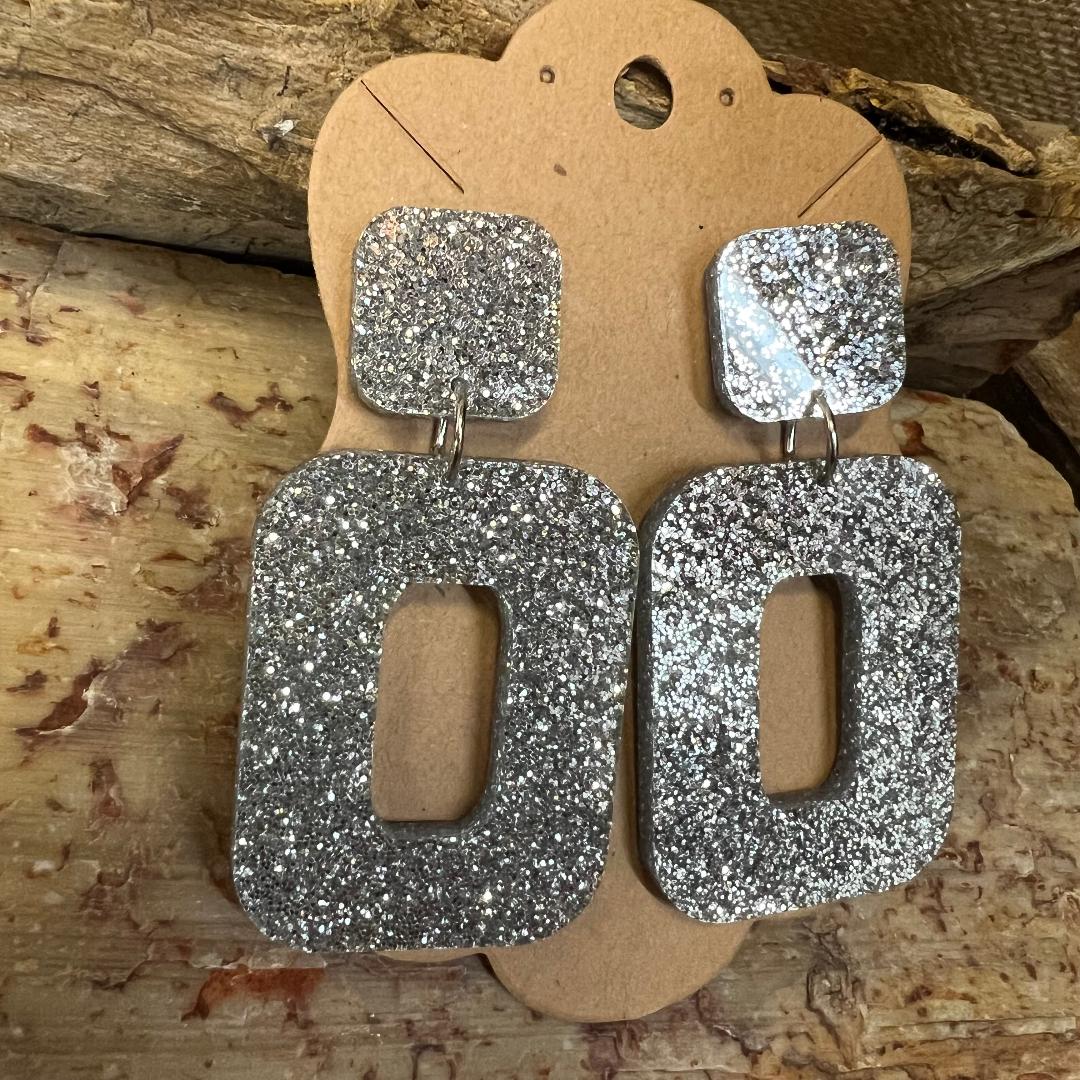 Silver Glitter Acrylic Rectangle Dangle Earrings