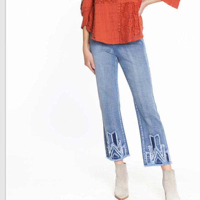 Hi Rise Straight Leg Jean with Applique at Hem