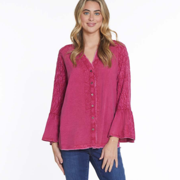 Button Front Top with Embroidery & Smocking Sleeves