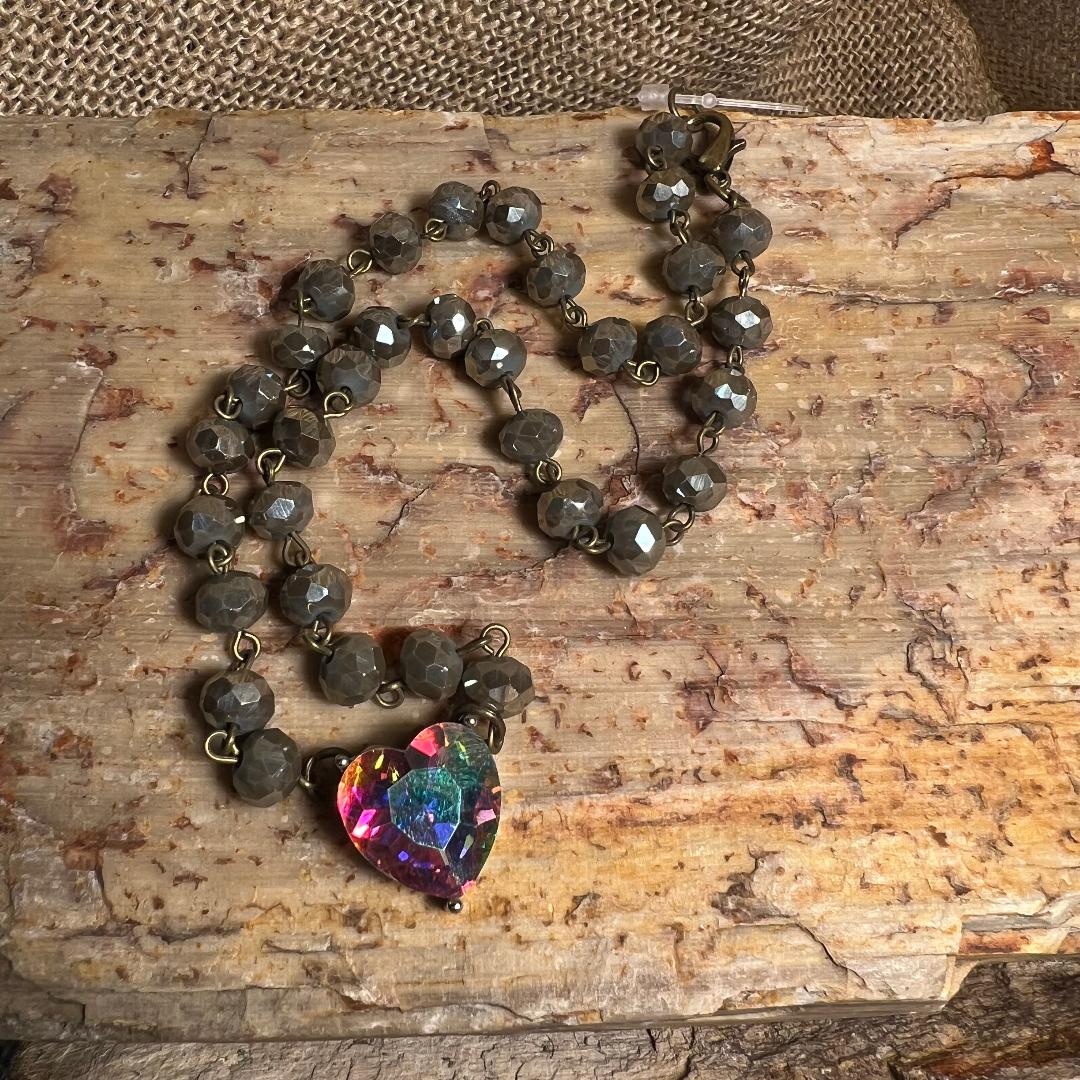 Taupe Grayish Bead AB Crystal Heart Necklace