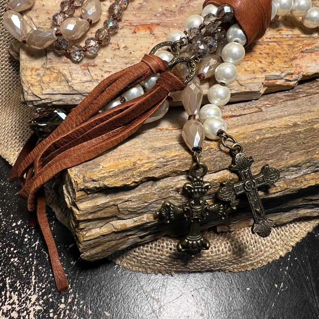 Neutral Mix Triple Strand with Topaz Crystals and Vintage Gold Crosses