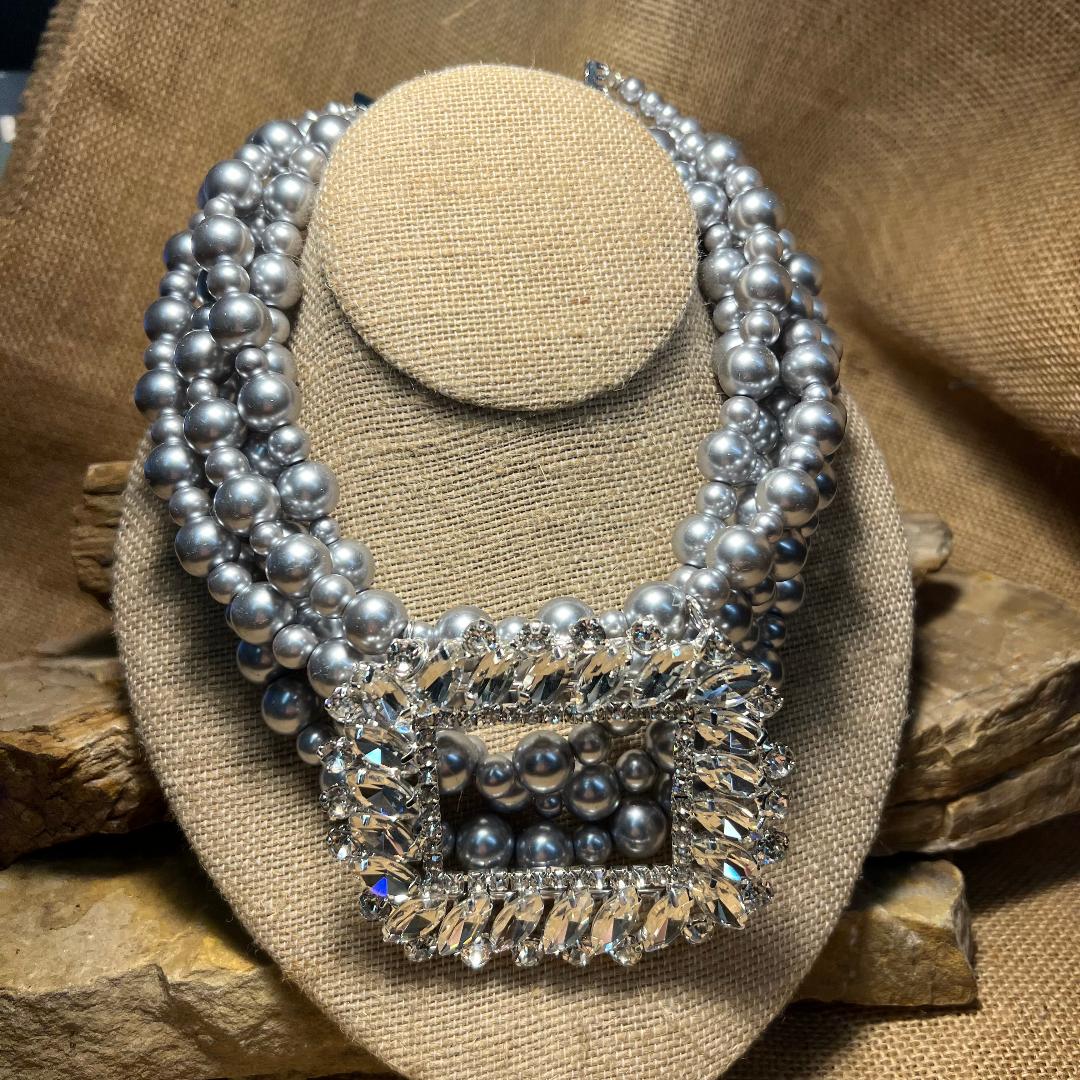 Bold Silver Pearl bead & Buckle Crystal Pendant Necklace