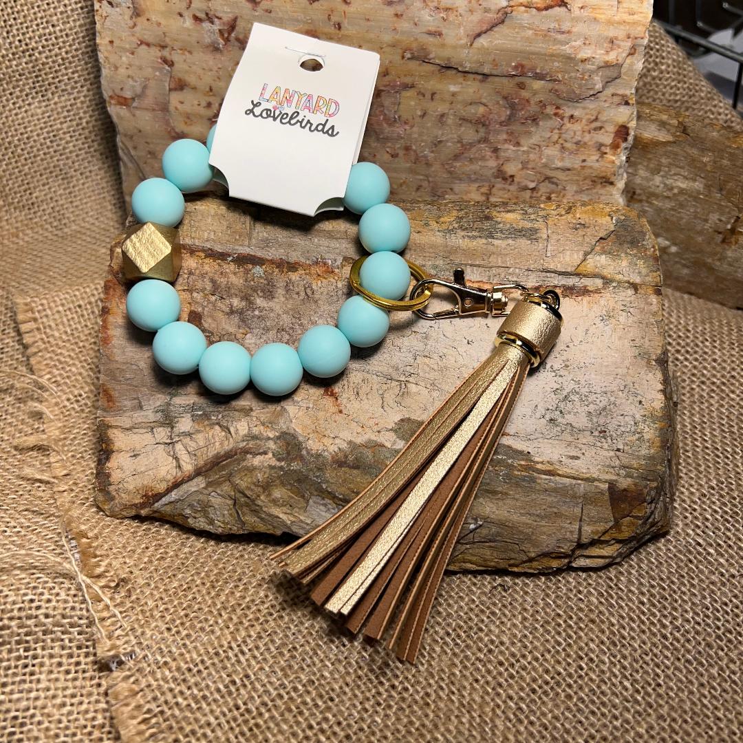 O Wristband Mint & Gold Leather Tassel Keychain Wristlet