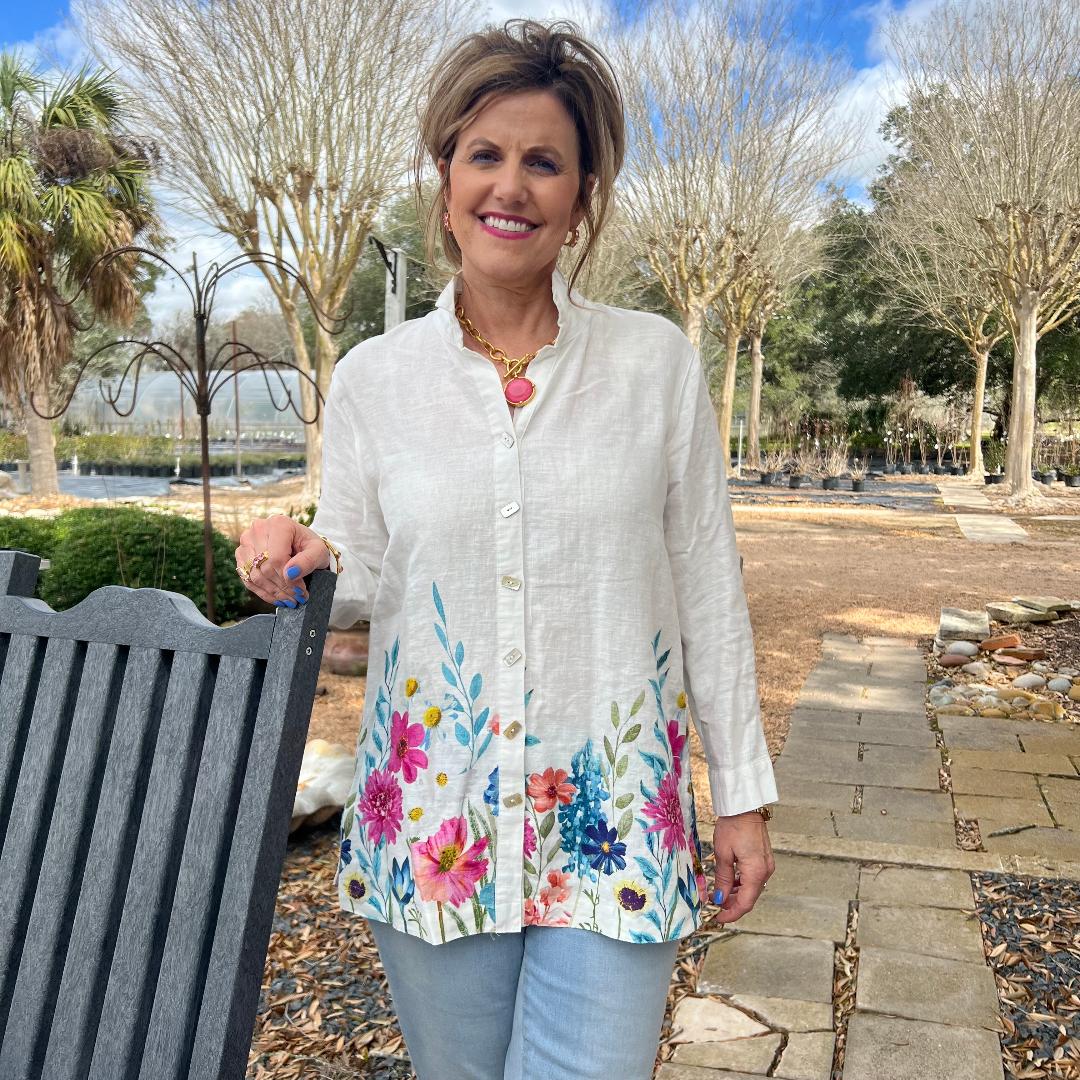 Floral Border Print with Wire Collar Button Up Front