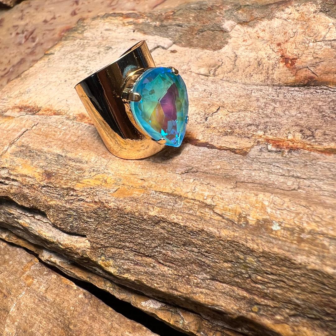 Gold & Aqua Teardrop Rhinestone Adjustable Ring