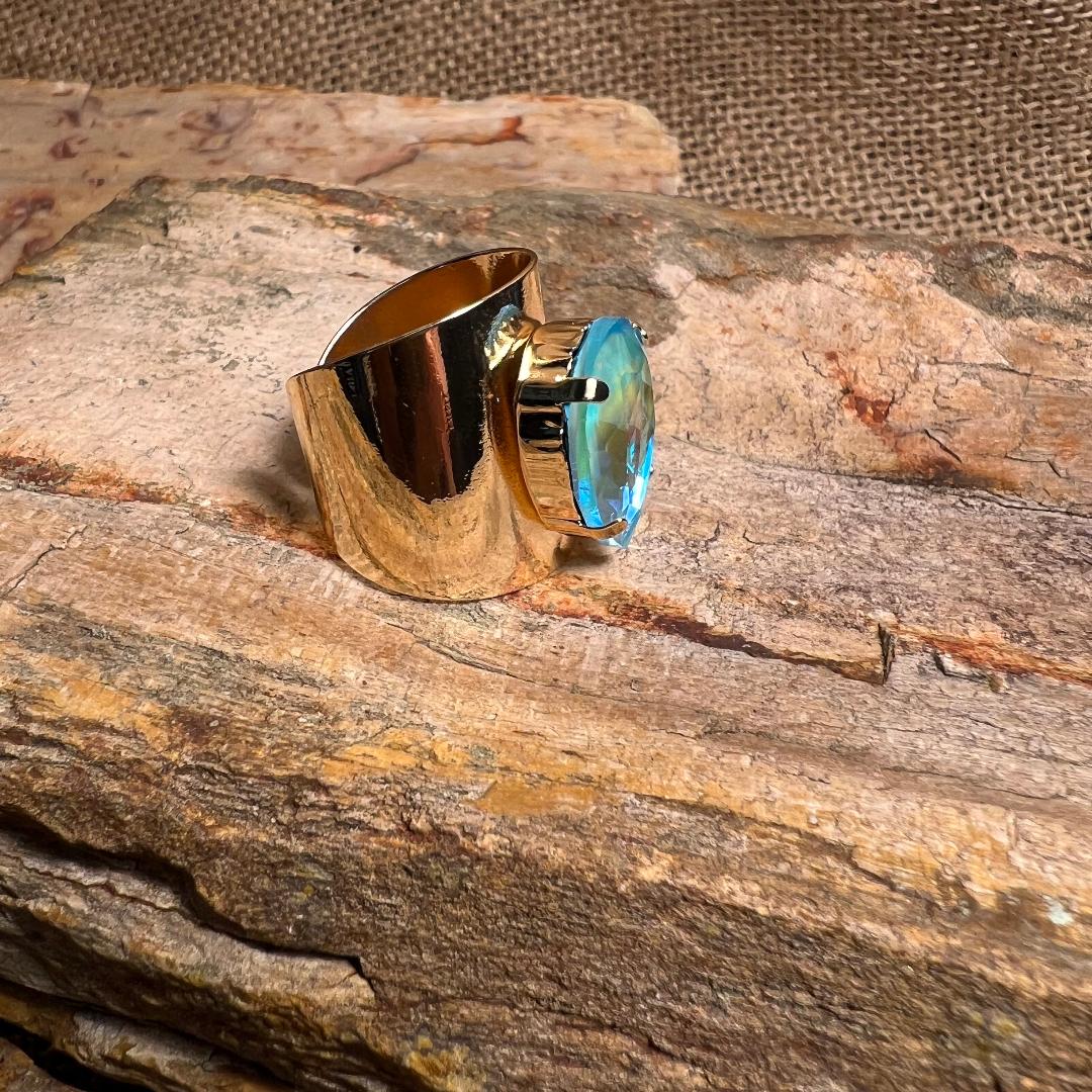 Gold & Aqua Teardrop Rhinestone Adjustable Ring