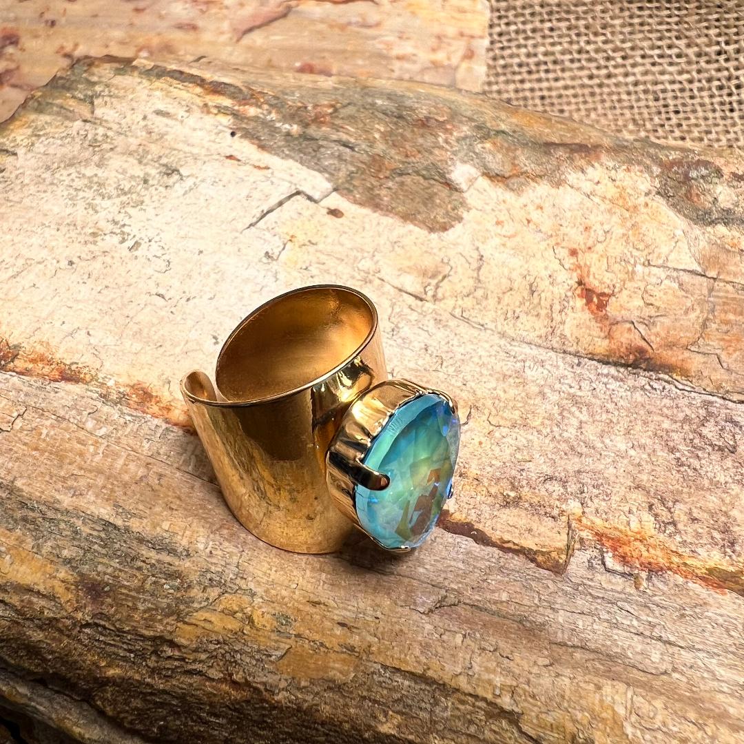 Gold & Aqua Teardrop Rhinestone Adjustable Ring