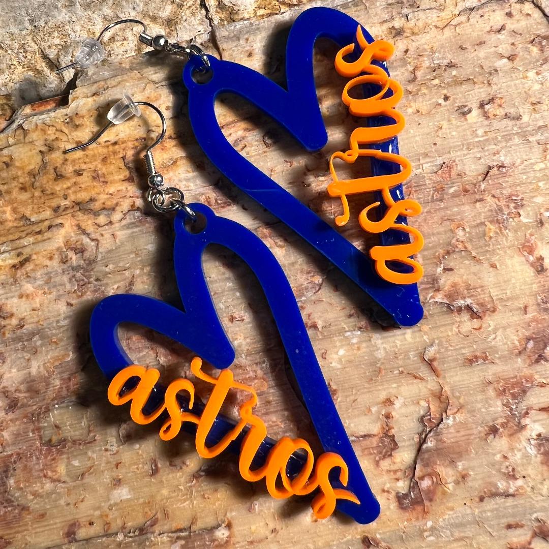 Love Our Astros Blue & Orange Acrylic Heart Earrings