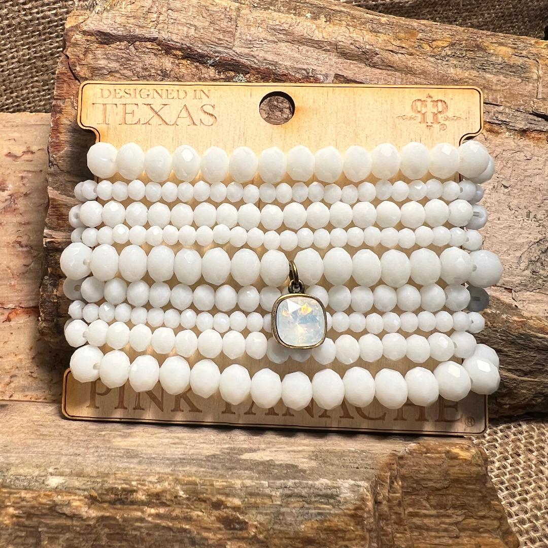 White Bead & White Opal Cushion Cut Drop Stretch Bracelet