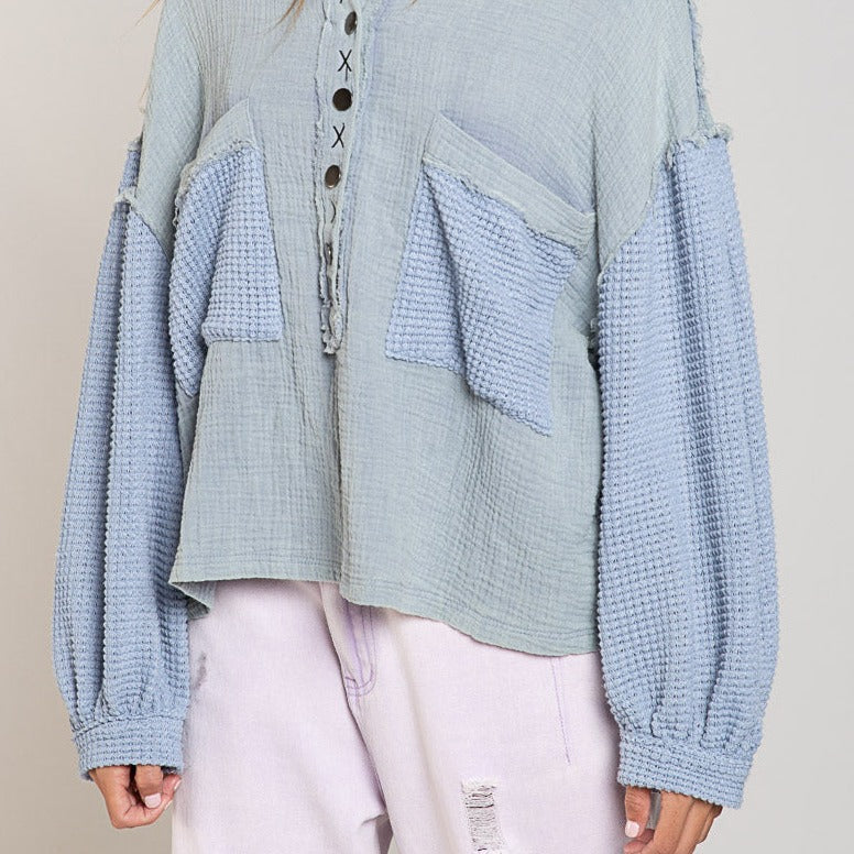 Thermal Gauze Light-Weight Pigeon Blue Oversized Top