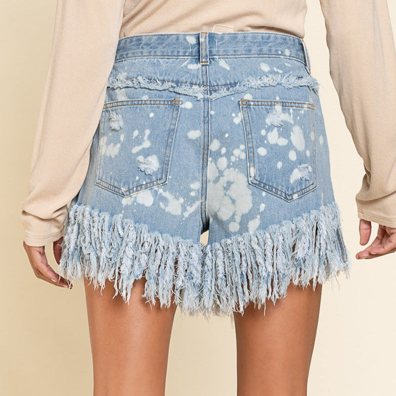 Denim Bleached Fringed Shorts