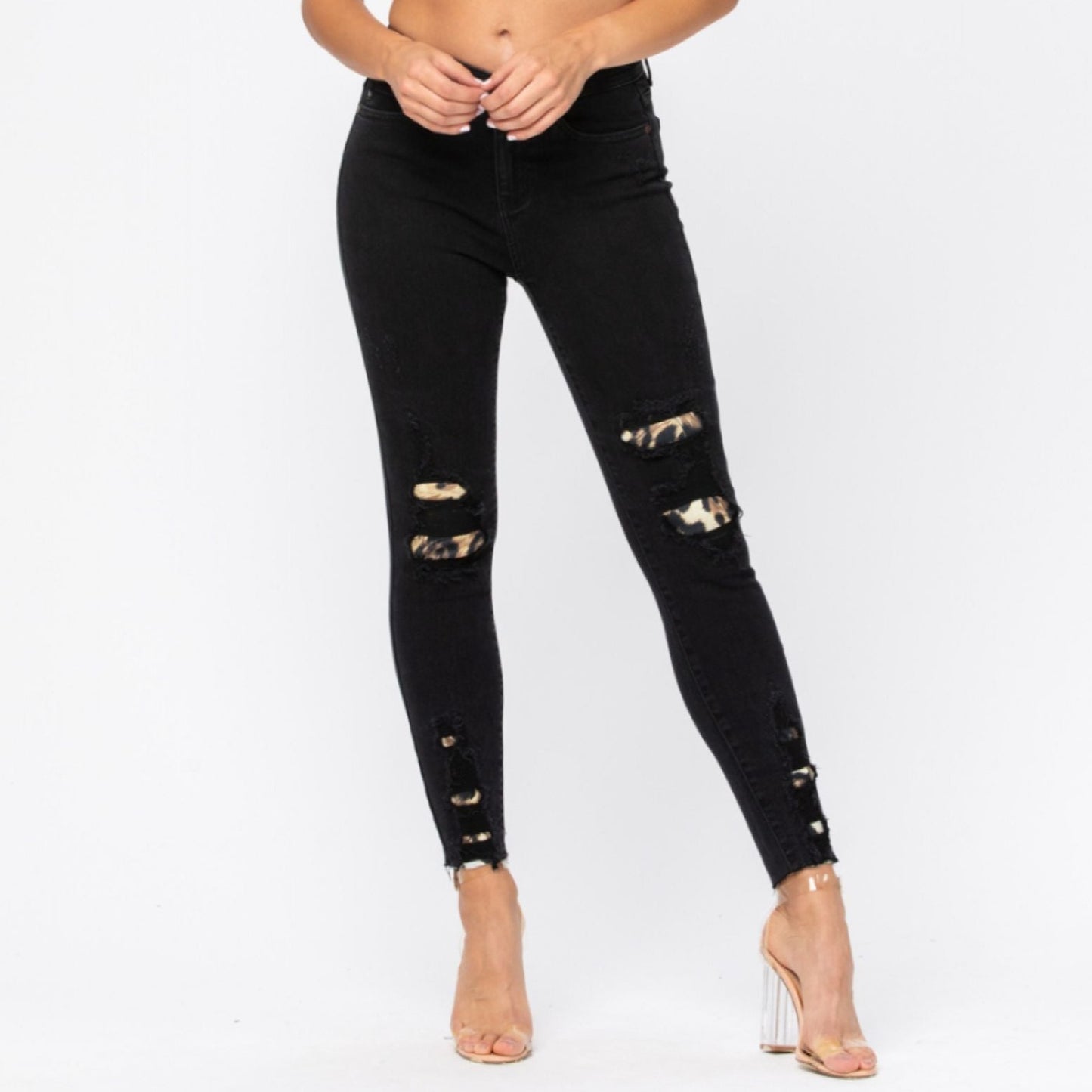 Black Destroyed Leopard Patch Skinny Jeans (REG & PLUS)