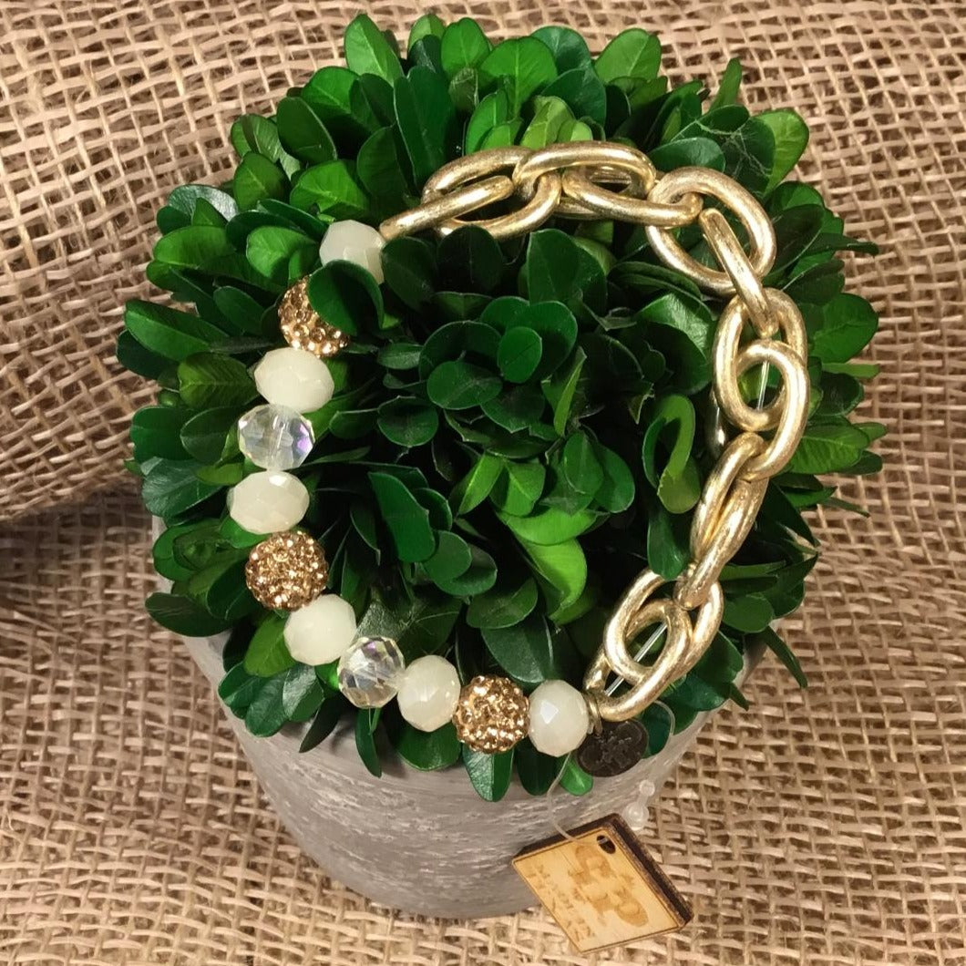 Gold, Clear & White Bead with Gold Chain Stretch Bracelet