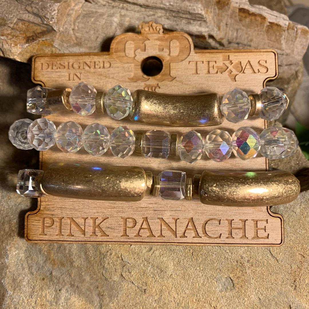 Clear Opalescent Stones and Gold Bar Bead Stretch Bracelet