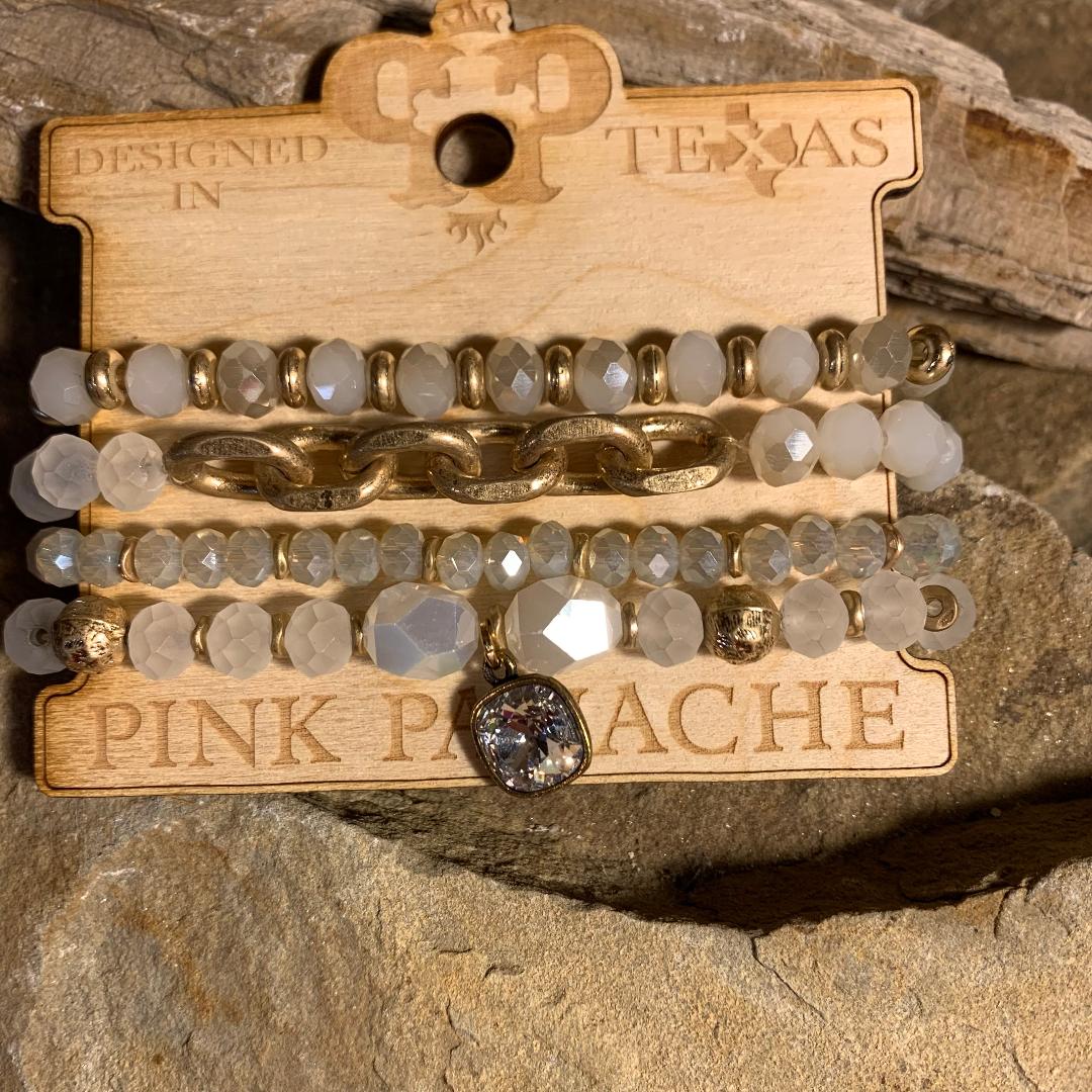 White Opalescent Stones and Gold Chain Stretch Bracelet