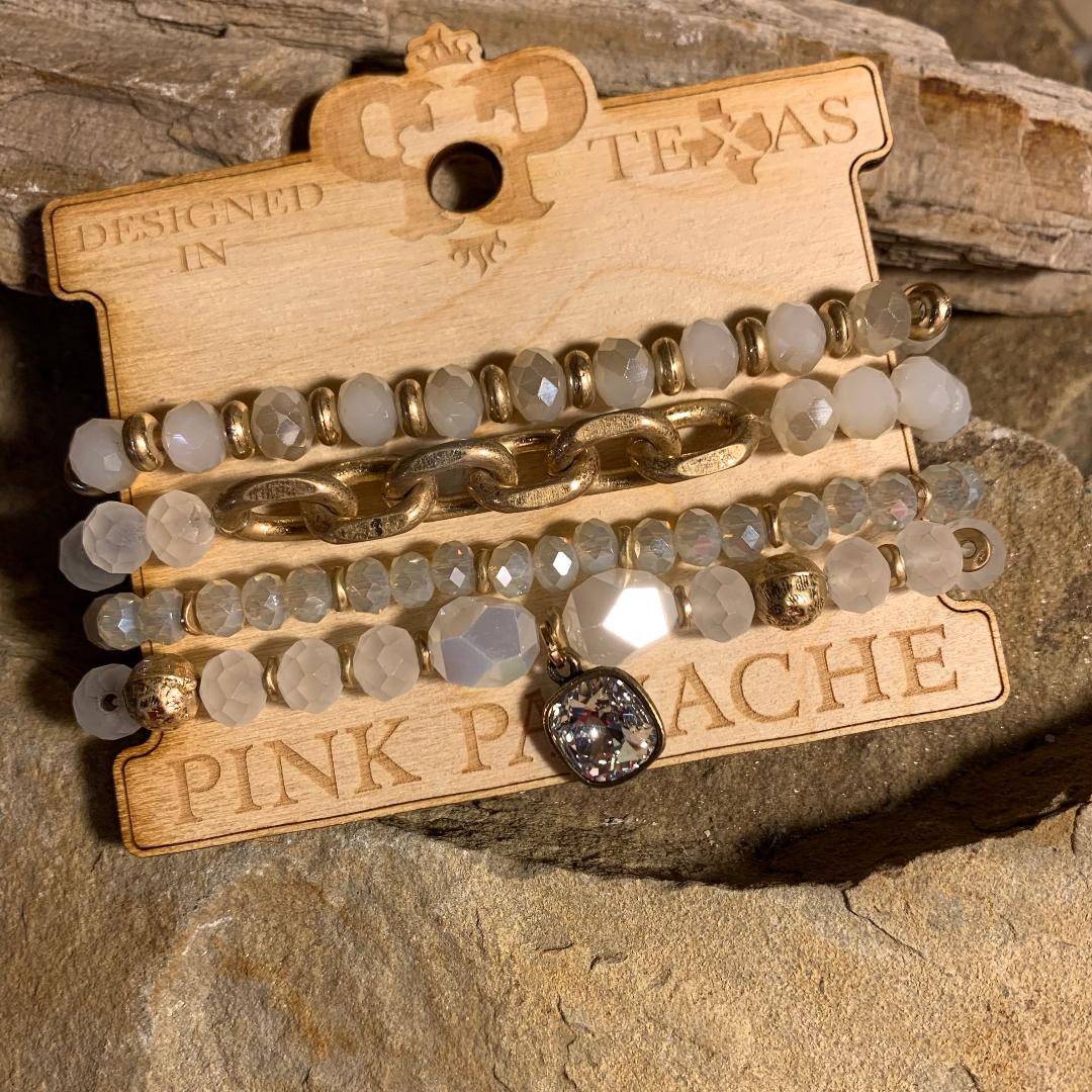 White Opalescent Stones and Gold Chain Stretch Bracelet