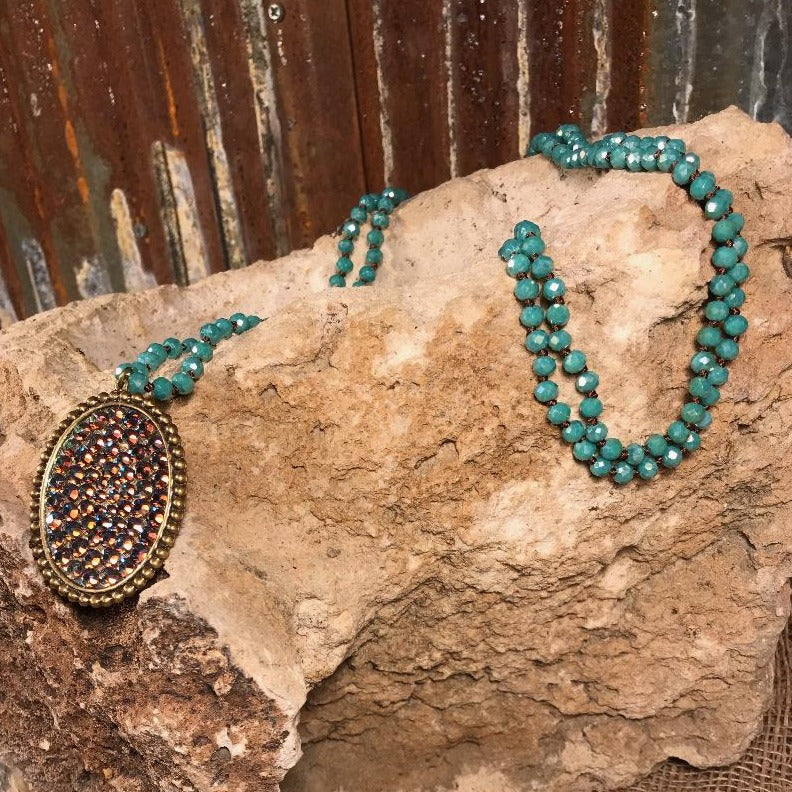 Brown Knotted Turquoise Beaded Necklace with AB Crystal Bronze Oval