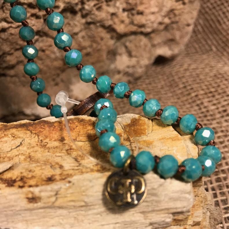 Brown Knotted Turquoise Beaded Necklace with AB Crystal Bronze Oval