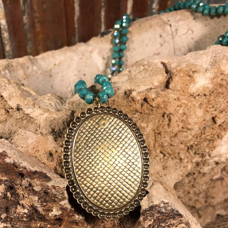 Brown Knotted Turquoise Beaded Necklace with AB Crystal Bronze Oval