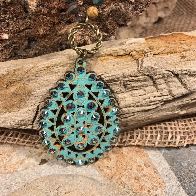 Turquoise Crackle Santa Fe Teardrop Necklace - 38"
