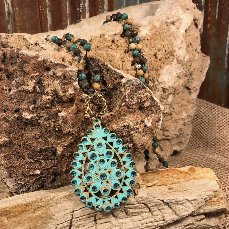 Turquoise Crackle Santa Fe Teardrop Necklace - 38"