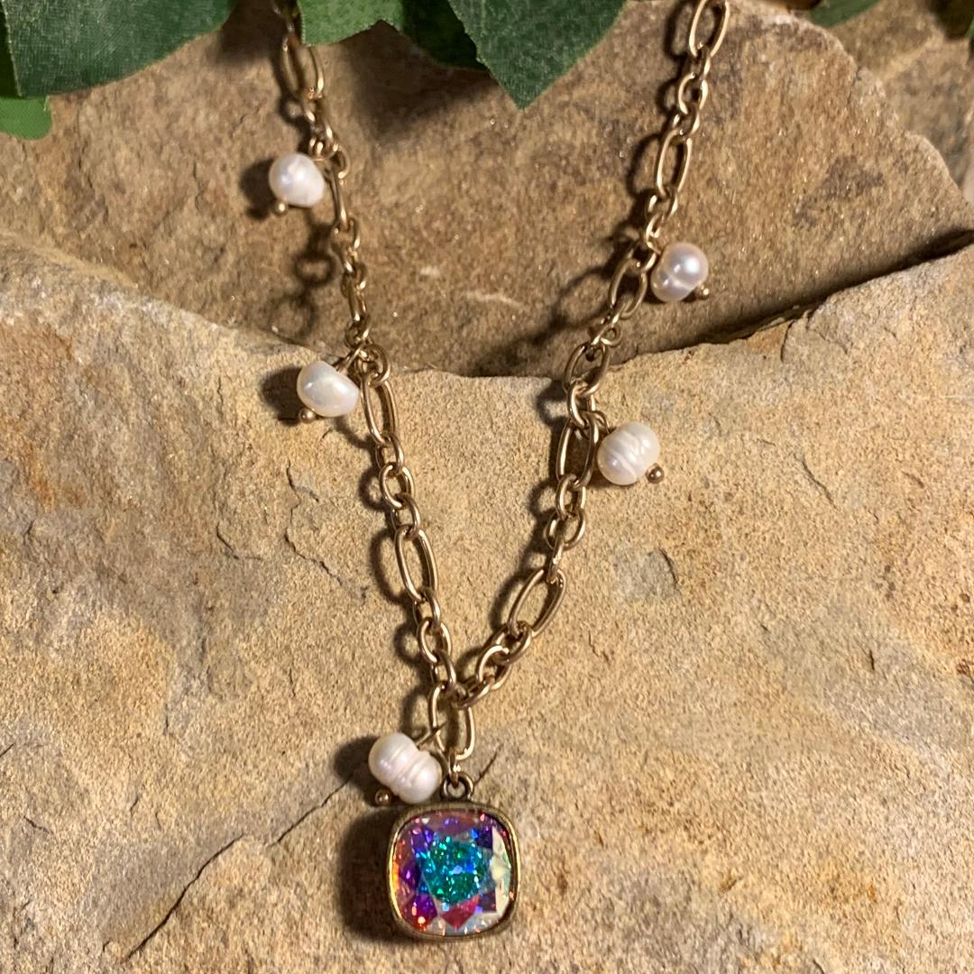 Iridescent Crystal, Pearls and Gold Chain Necklace