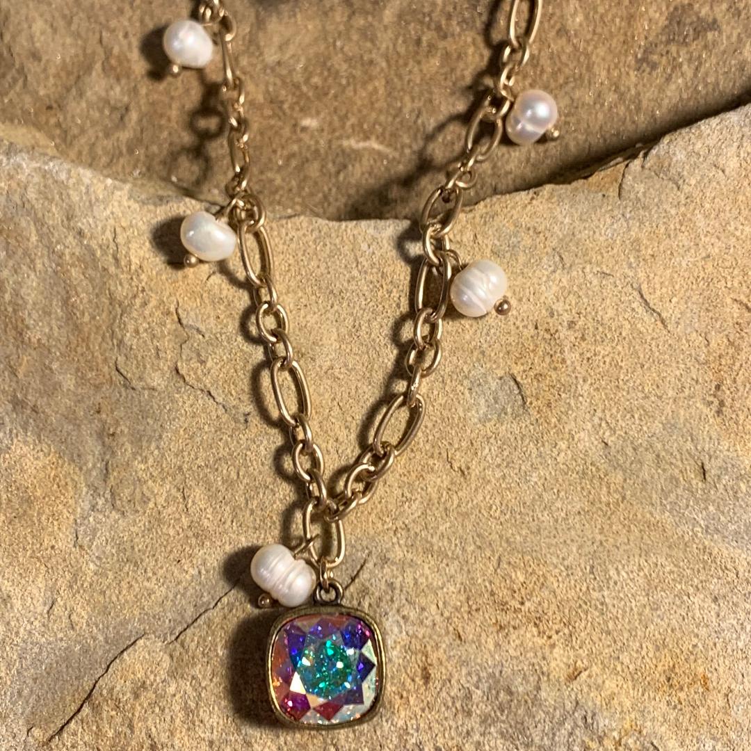 Iridescent Crystal, Pearls and Gold Chain Necklace