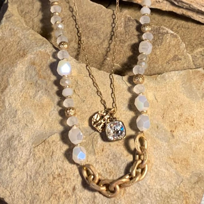Opalescent & Clear Crystal Stone and Gold Double Chain Necklace