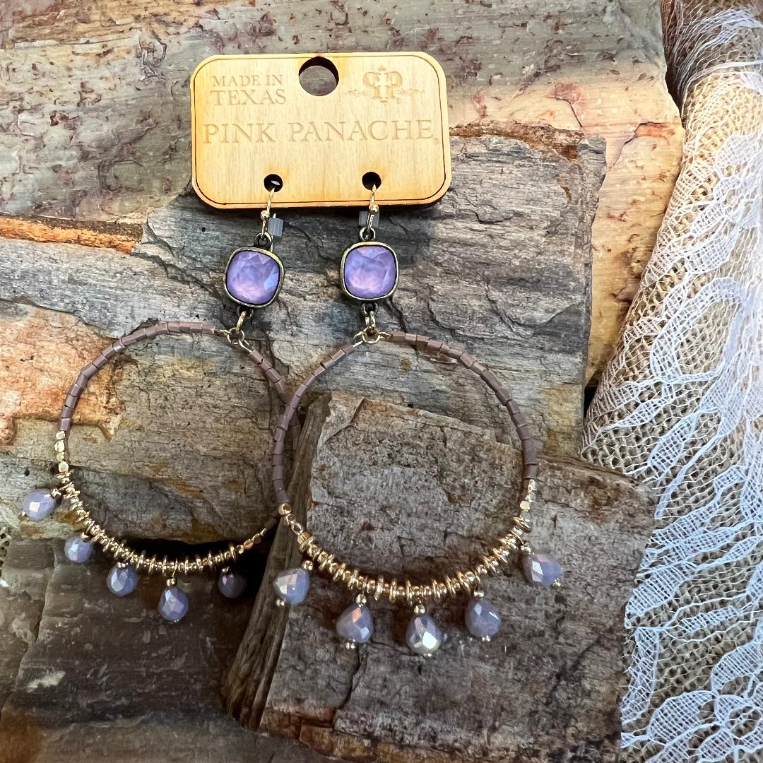 Gold Bead & Sweet Lavender Stone Front Hoop Earrings