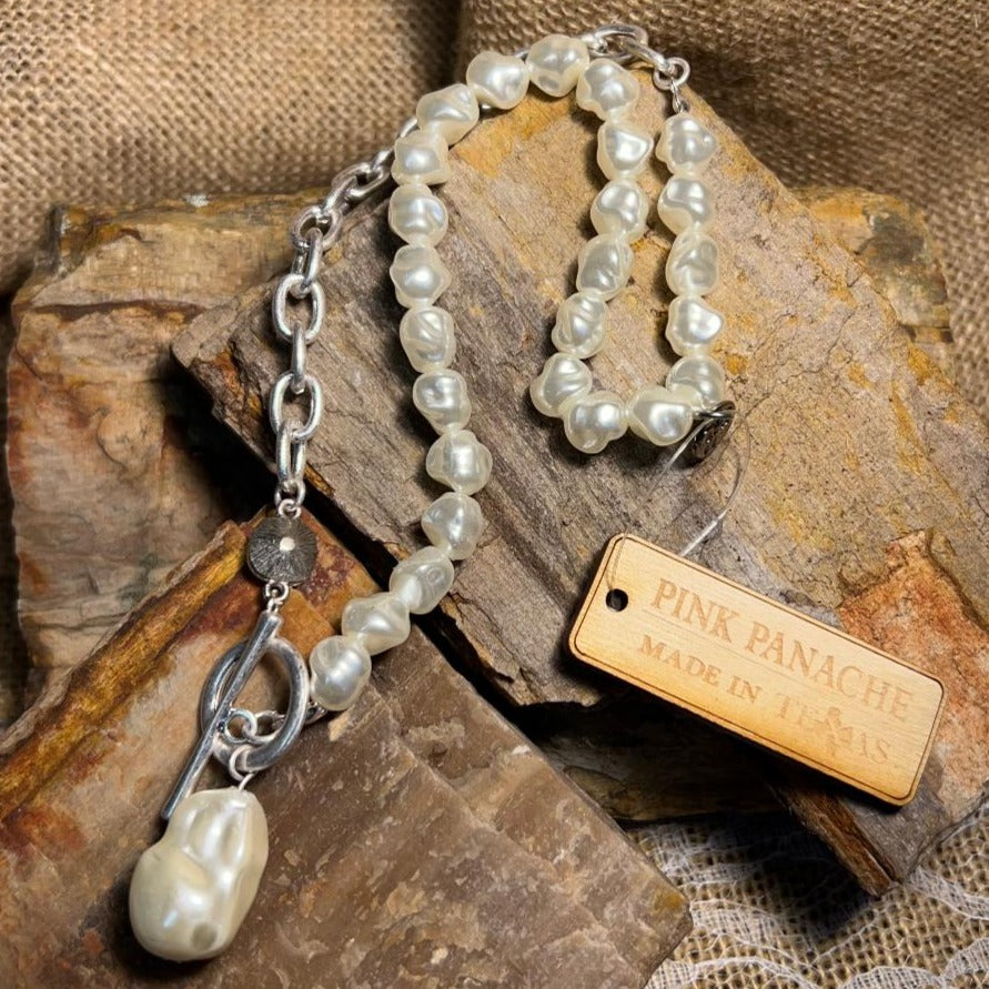 White Pearl and Silver Chain Toggle Necklace
