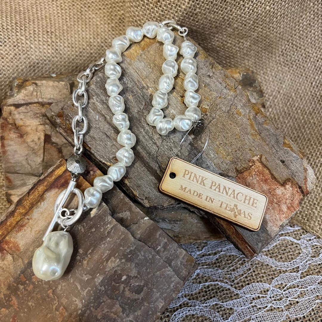 White Pearl and Silver Chain Toggle Necklace