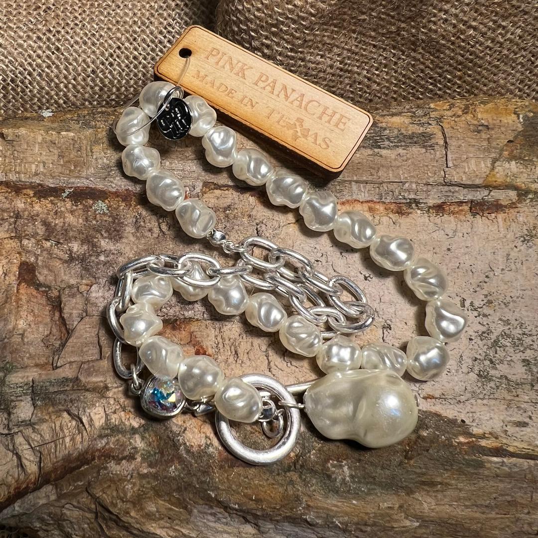 White Pearl and Silver Chain Toggle Necklace