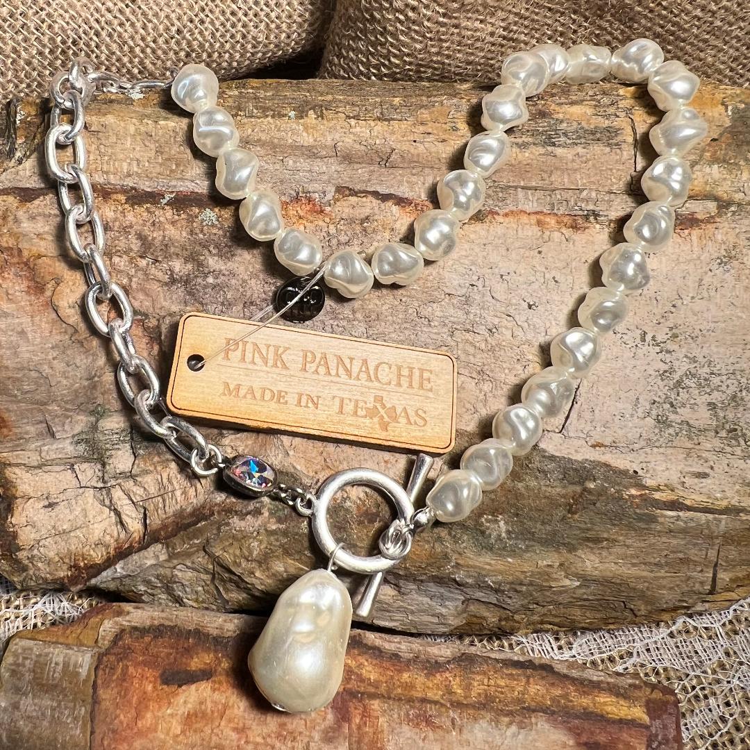 White Pearl and Silver Chain Toggle Necklace