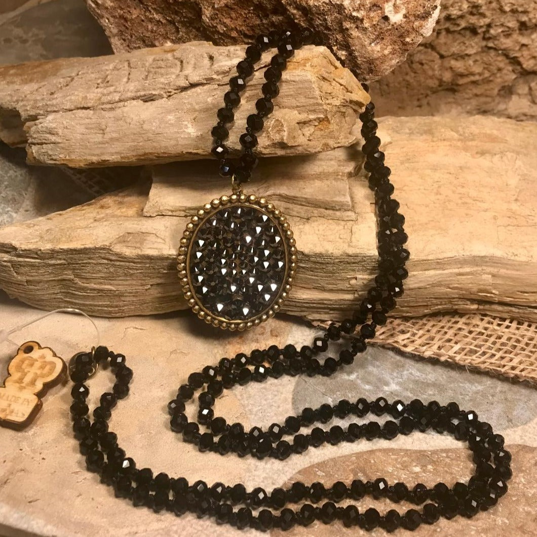 Bronze Oval Black Crystal 46" Black Bead Necklace