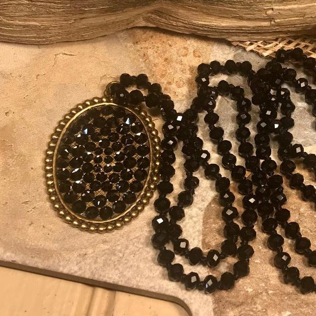 Bronze Oval Black Crystal 46" Black Bead Necklace