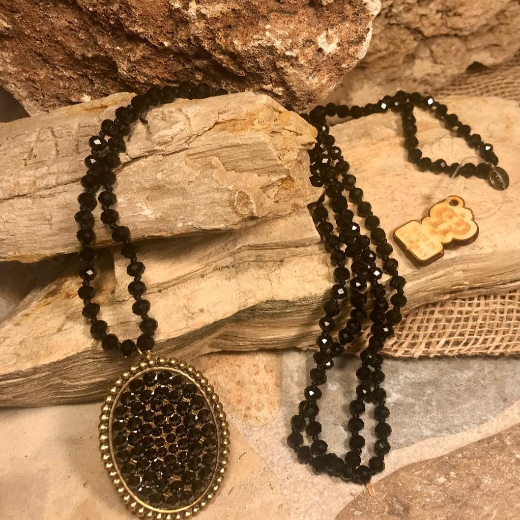 Bronze Oval Black Crystal 46" Black Bead Necklace