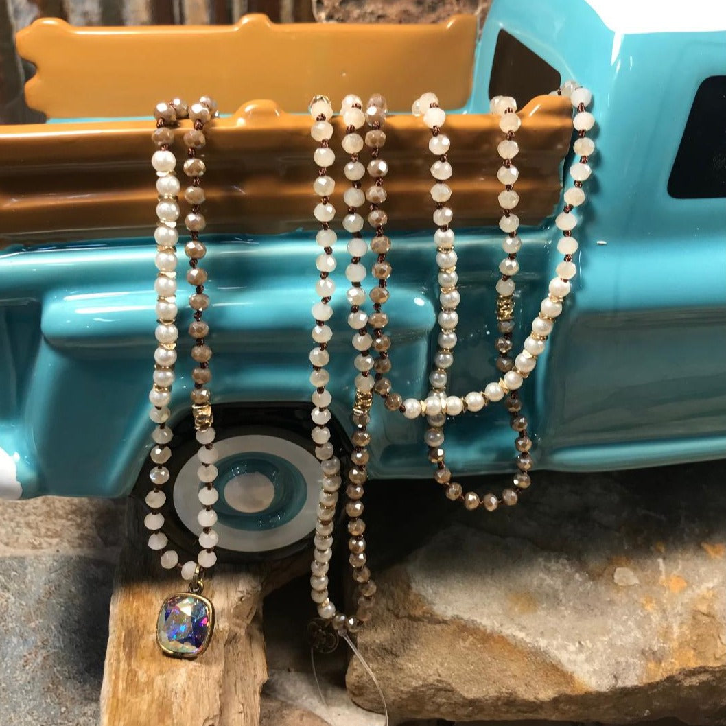 AB Cushion Cut Drop Necklace With Pearl Variety Beads - 62"
