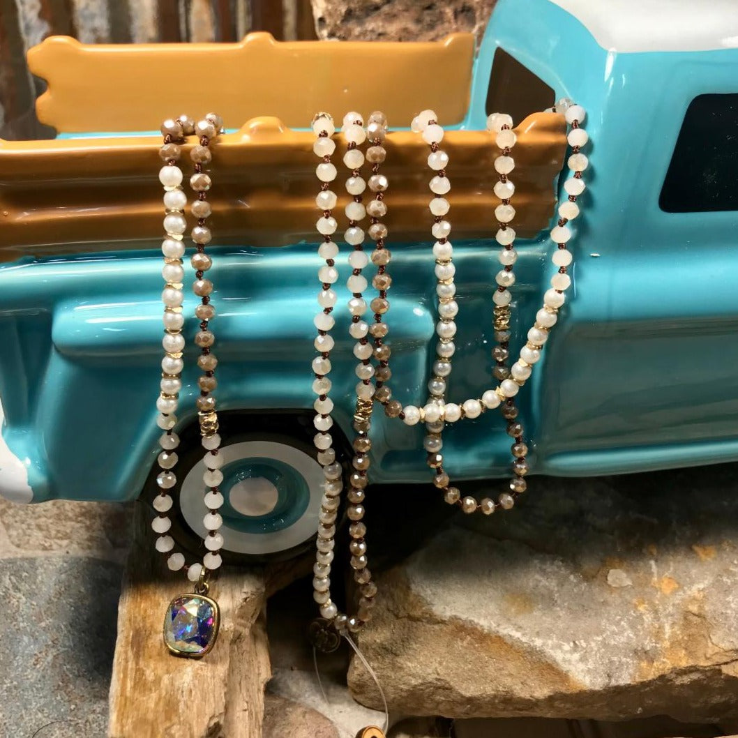 AB Cushion Cut Drop Necklace With Pearl Variety Beads - 62"
