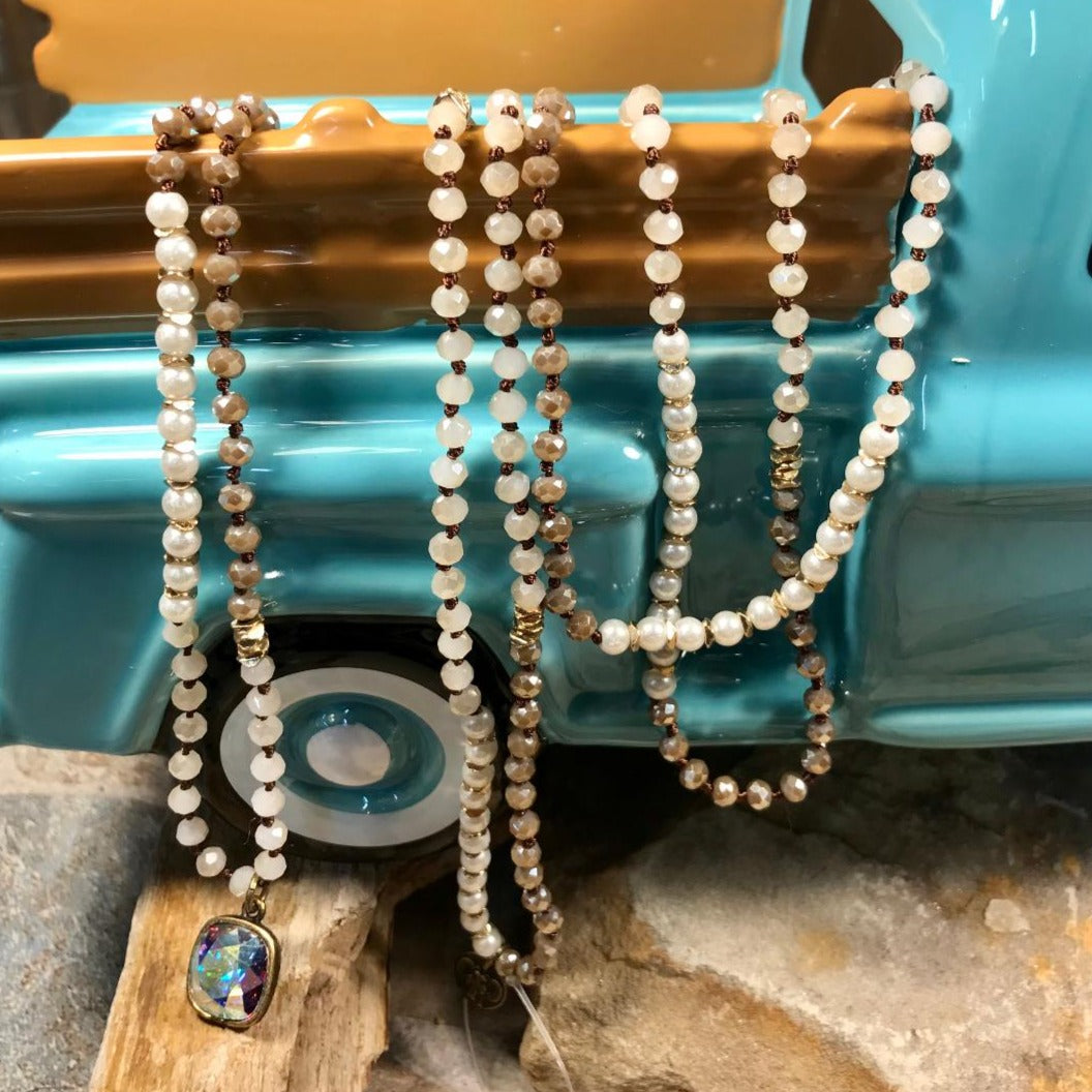 AB Cushion Cut Drop Necklace With Pearl Variety Beads - 62"
