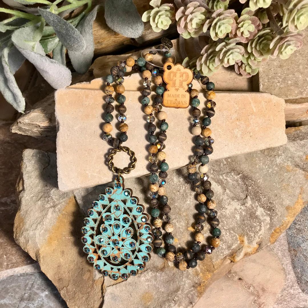 Turquoise Crackle Santa Fe Teardrop Necklace - 38"