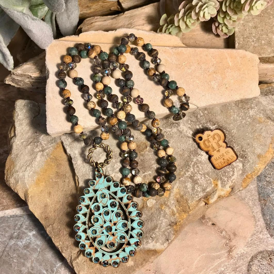 Turquoise Crackle Santa Fe Teardrop Necklace - 38"