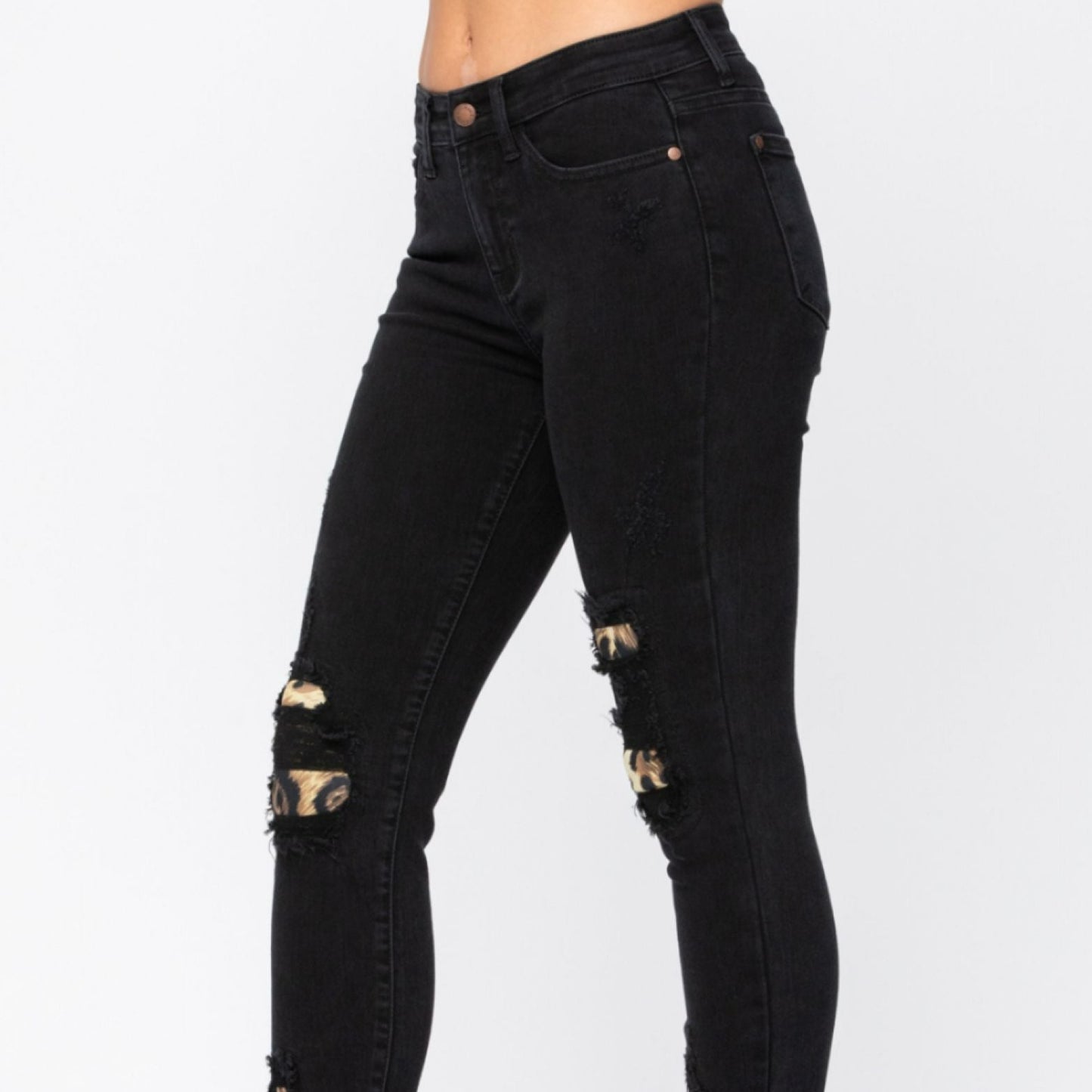Black Destroyed Leopard Patch Skinny Jeans (REG & PLUS)