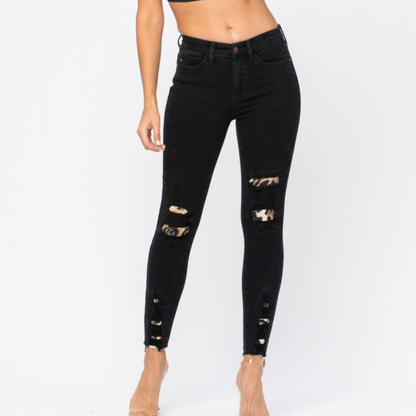 Black Destroyed Leopard Patch Skinny Jeans (REG & PLUS)