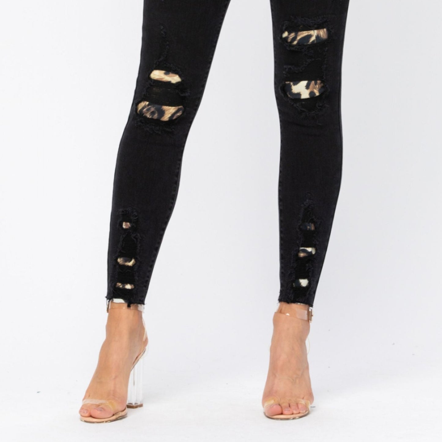Black Destroyed Leopard Patch Skinny Jeans (REG & PLUS)