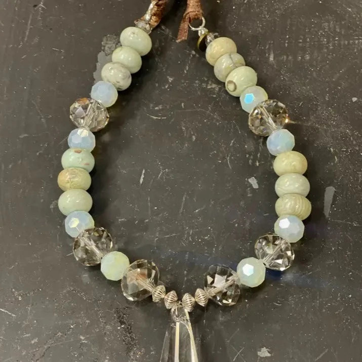 Smokey Crystal Prism, Bead and Chocolate Leather Necklace