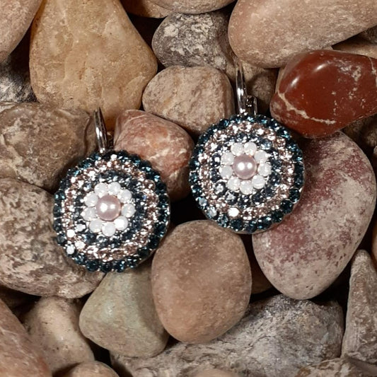 Pink, Blue & Shimmer White Multi Stone with Pearl Center Earrings