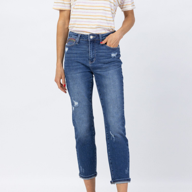 Hi-Rise Rainbow Embroidery Cropped Straight Leg Jeans