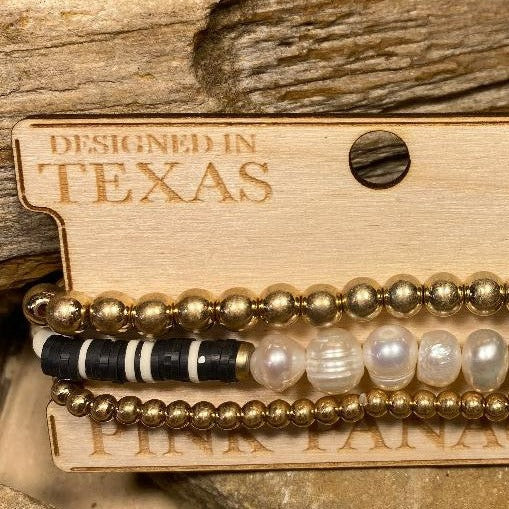 Gold, Black & Pearl Bead Stack Bracelet