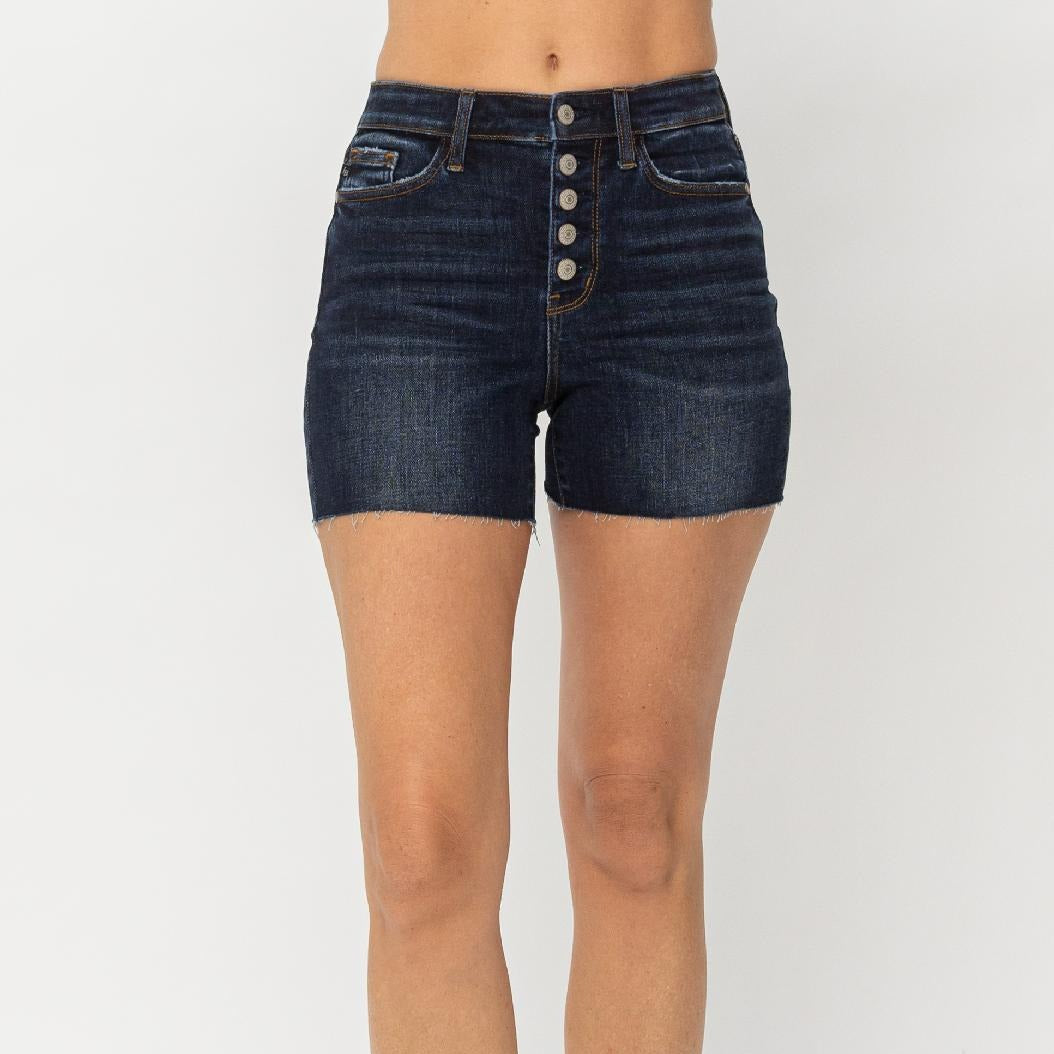 Super Dark Wash Button Fly Cut off Shorts